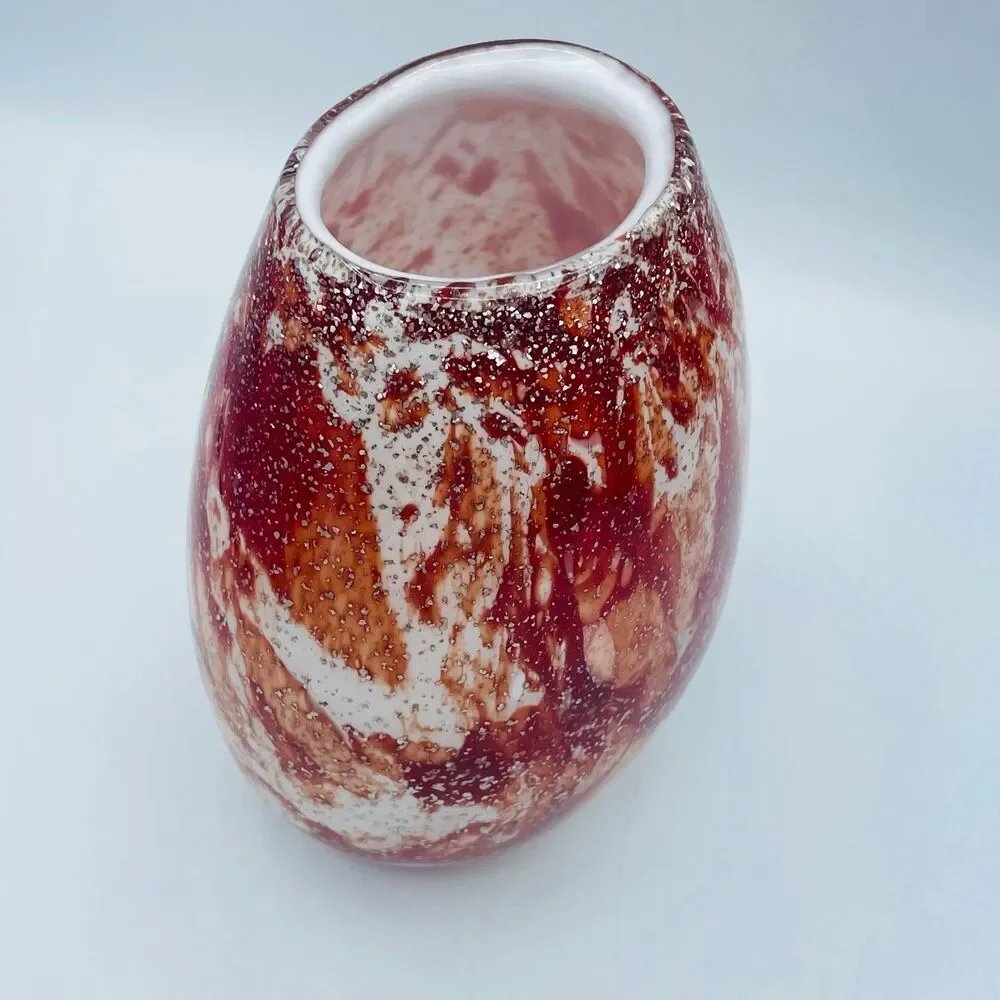 Vintage Red White Silver Specked Zorza Handmade Polish Art Glass Decorative Vase